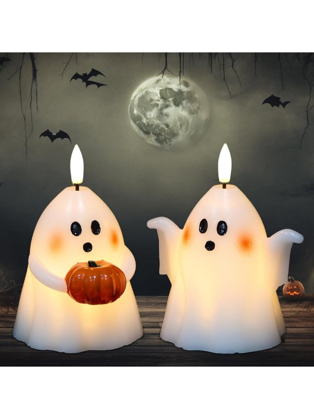 2 Pack Halloween Ghost LED Flameless Candles Pumpkin Real Wax Timer 3.5"x5''